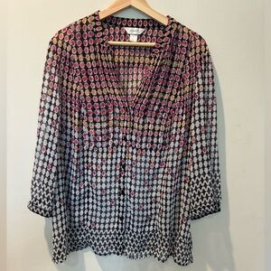 CJ Banks Printed V-Neck Women’s Blouse, flowy sheet fabric, 3/4 length sleep